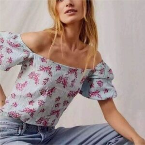 Free People Blue Pink Angela Floral Print Lace Bodysuit Off Shoulder Small